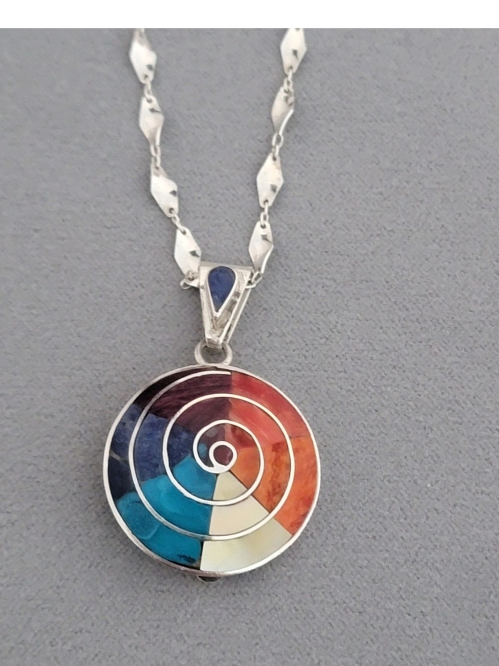 Pachamama 950 Sterling Silver Multicolor Spiral Inlay Chakra Pendant Necklace